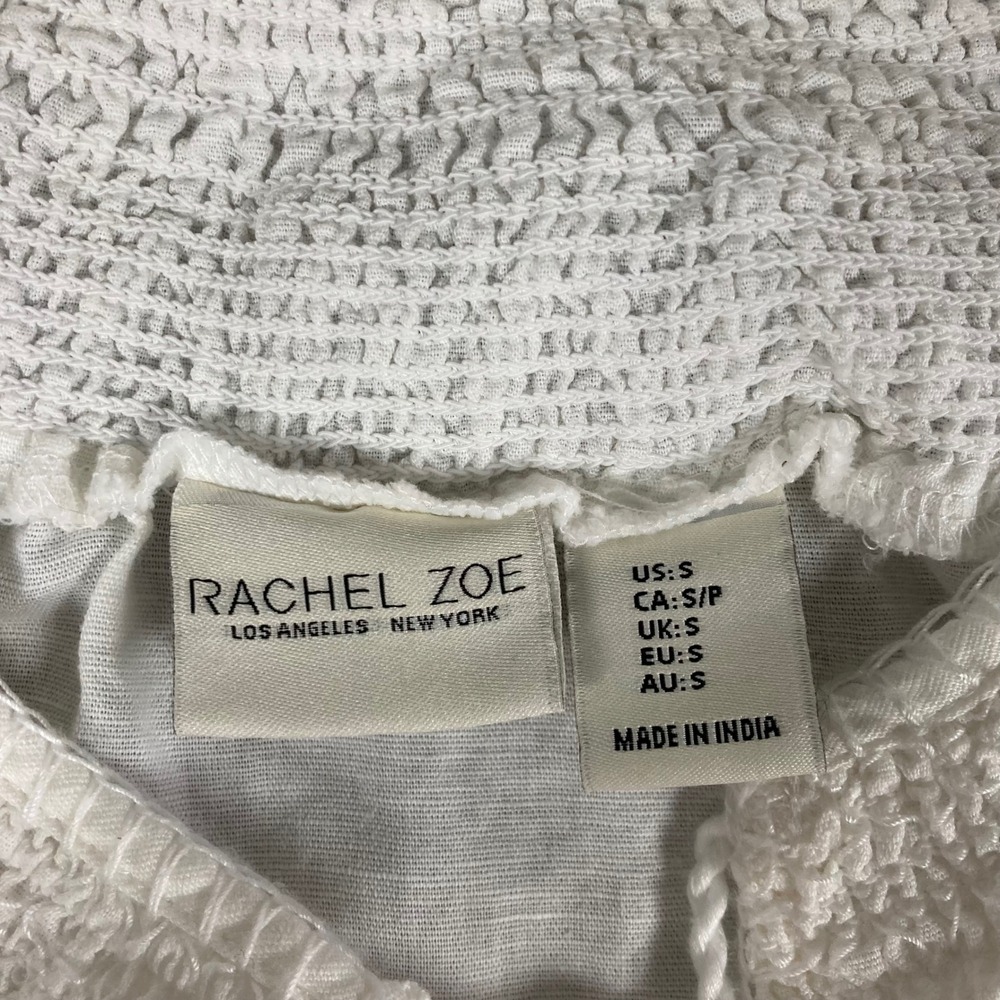 Rachel Zoe White Linen Blend Smocked Peasant Blouse Tassel Top Small - Picture 2 of 7